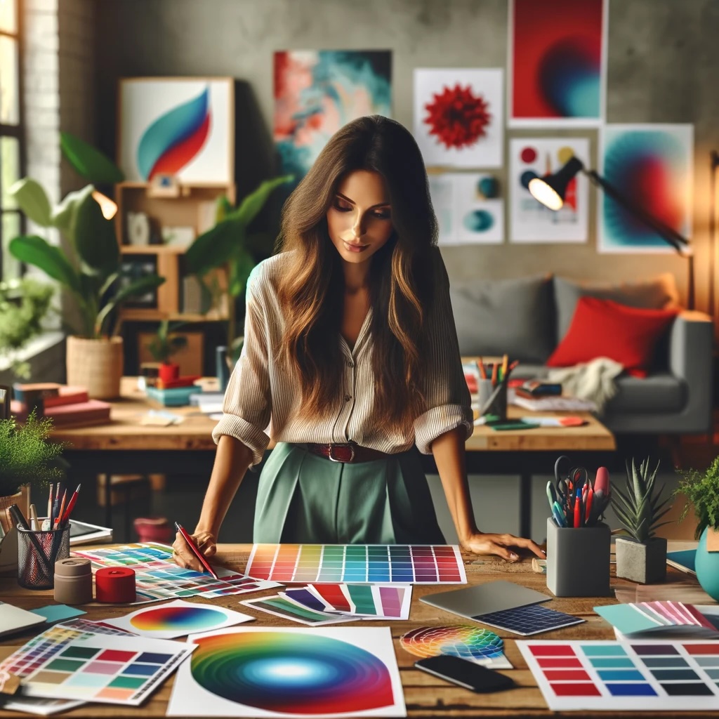 A female entrepreneur examining colour swatches in a vibrant, colour-coordinated office, showcasing creativity and strategic thinking.