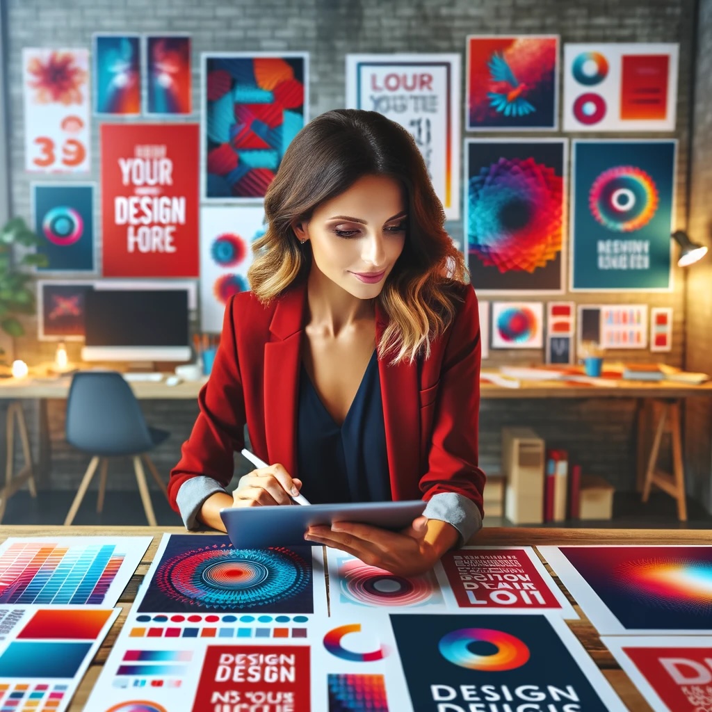 A female entrepreneur in a creative workspace, interacting with a digital tablet surrounded by marketing materials in vibrant reds, blues, and greens, showcasing a distinctive brand colour scheme.
