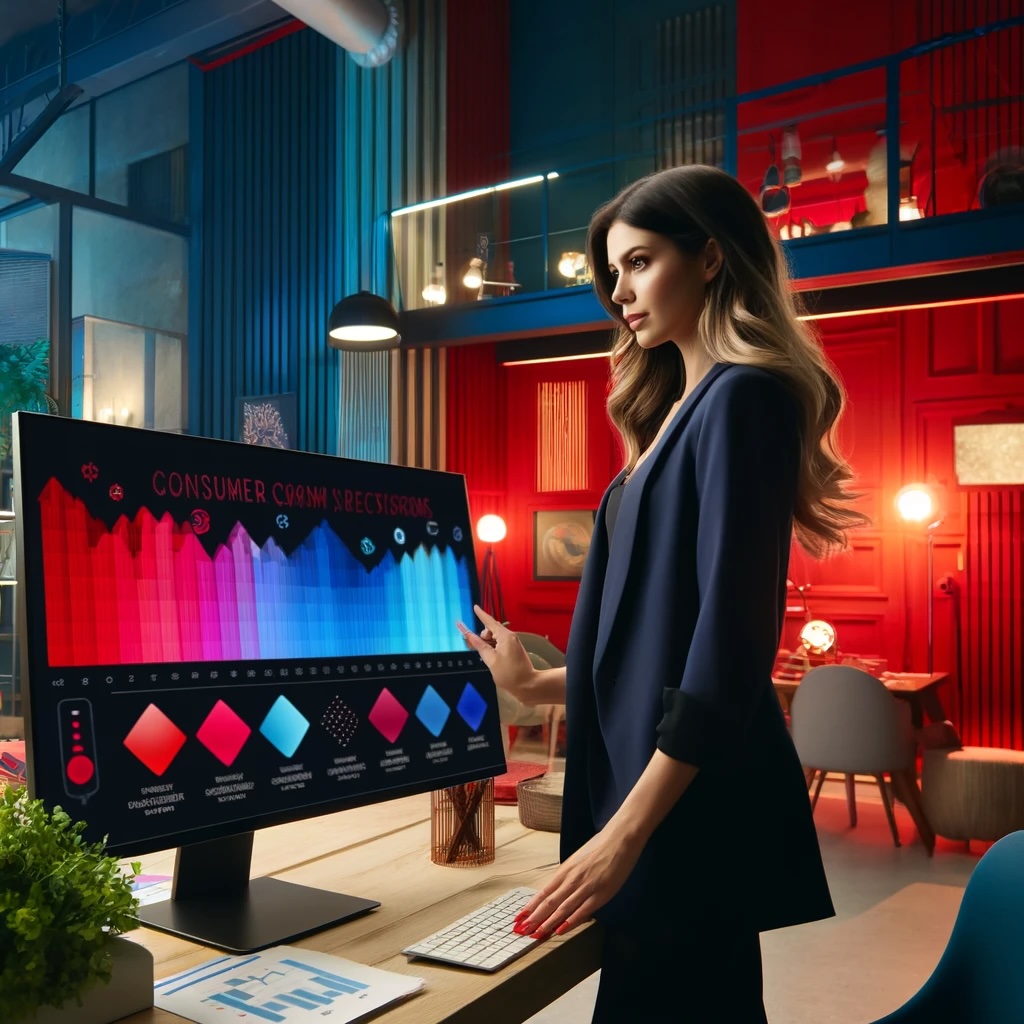 A female entrepreneur studies consumer behaviour on a screen, surrounded by vibrant brand colours of reds, blues, and greens in a chic, modern office setting.