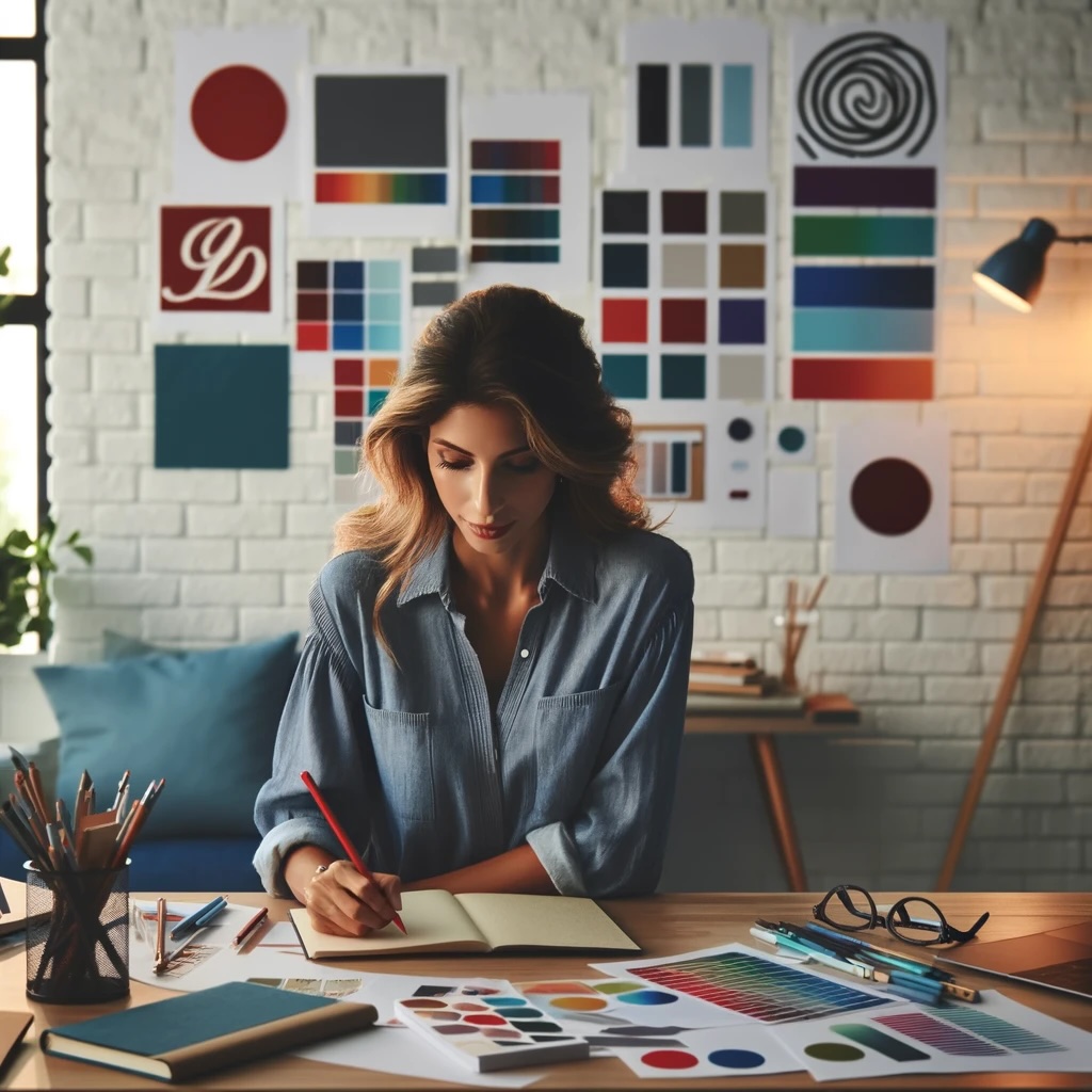 A female entrepreneur designs logos in a modern office, surrounded by vibrant mood boards in reds, blues, and greens, representing her dynamic approach to branding.