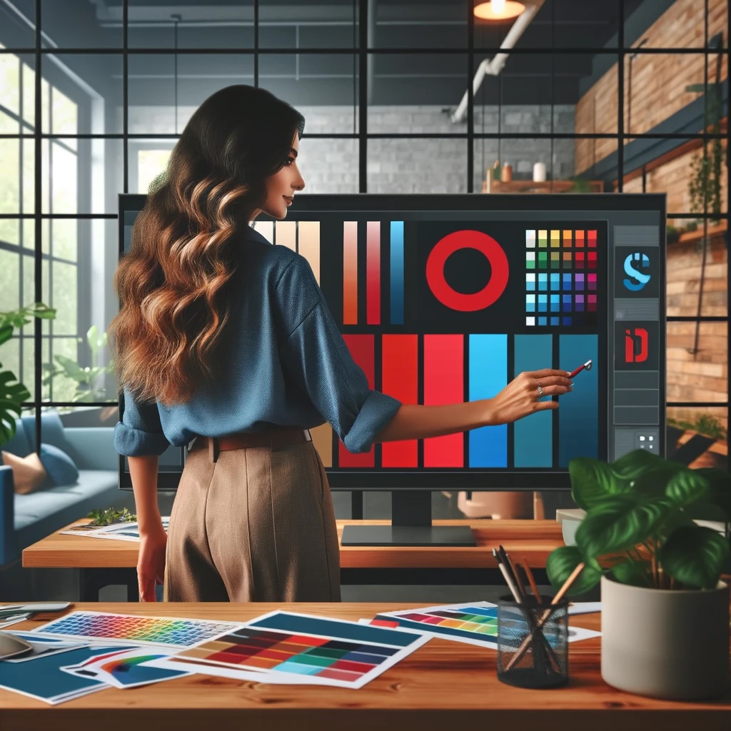 A female entrepreneur in a dynamic, colour-coordinated office adjusts a digital screen showing consistent brand colours across various media.