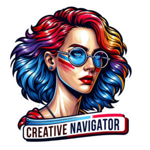 AI image of a woman with coloured hair and glasses with the text Creative Navigator 
