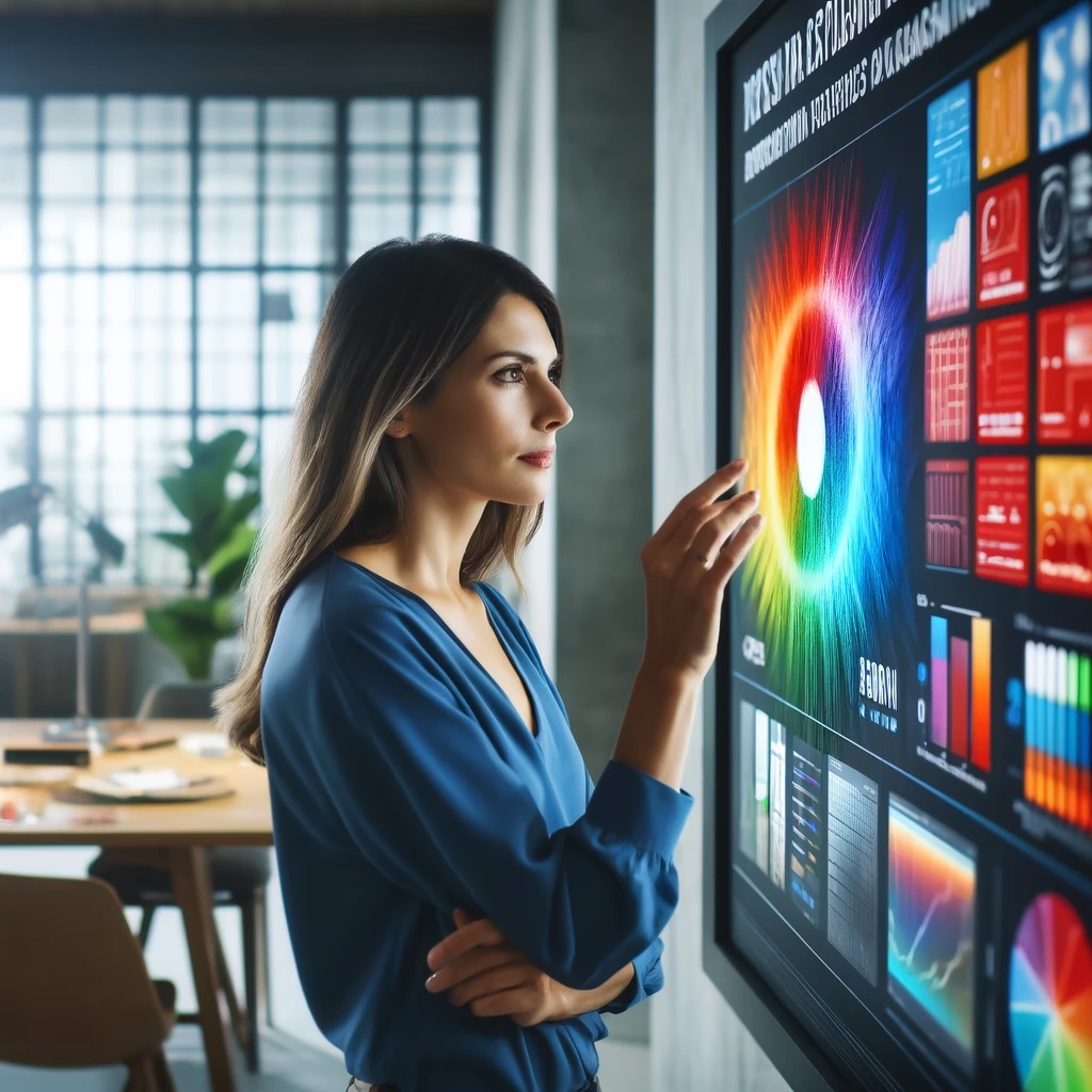 A female entrepreneur examines brand recognition analytics on a wall display, showcasing vibrant reds, blues, and greens in a well-lit, modern office.