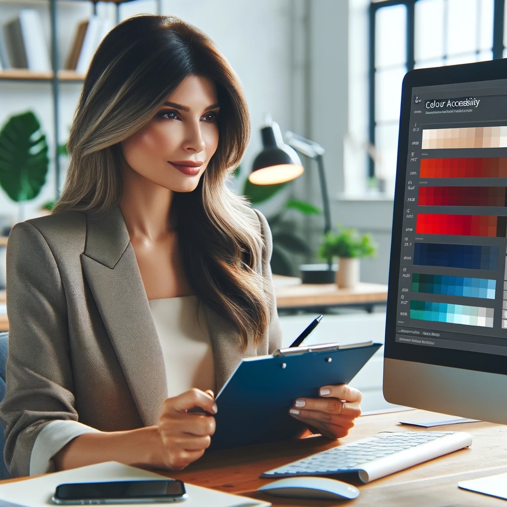 A female entrepreneur evaluates colour accessibility on her computer in a vibrant office, showcasing a display of red, blue, and green colour combinations.