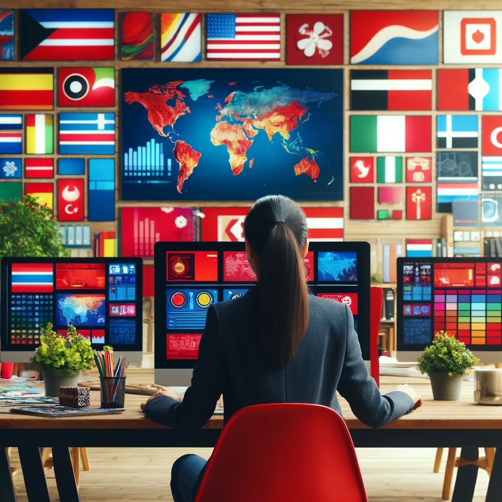 A female entrepreneur strategizes in her office, surrounded by digital screens showing various international colour palettes, illustrating a global approach to branding.