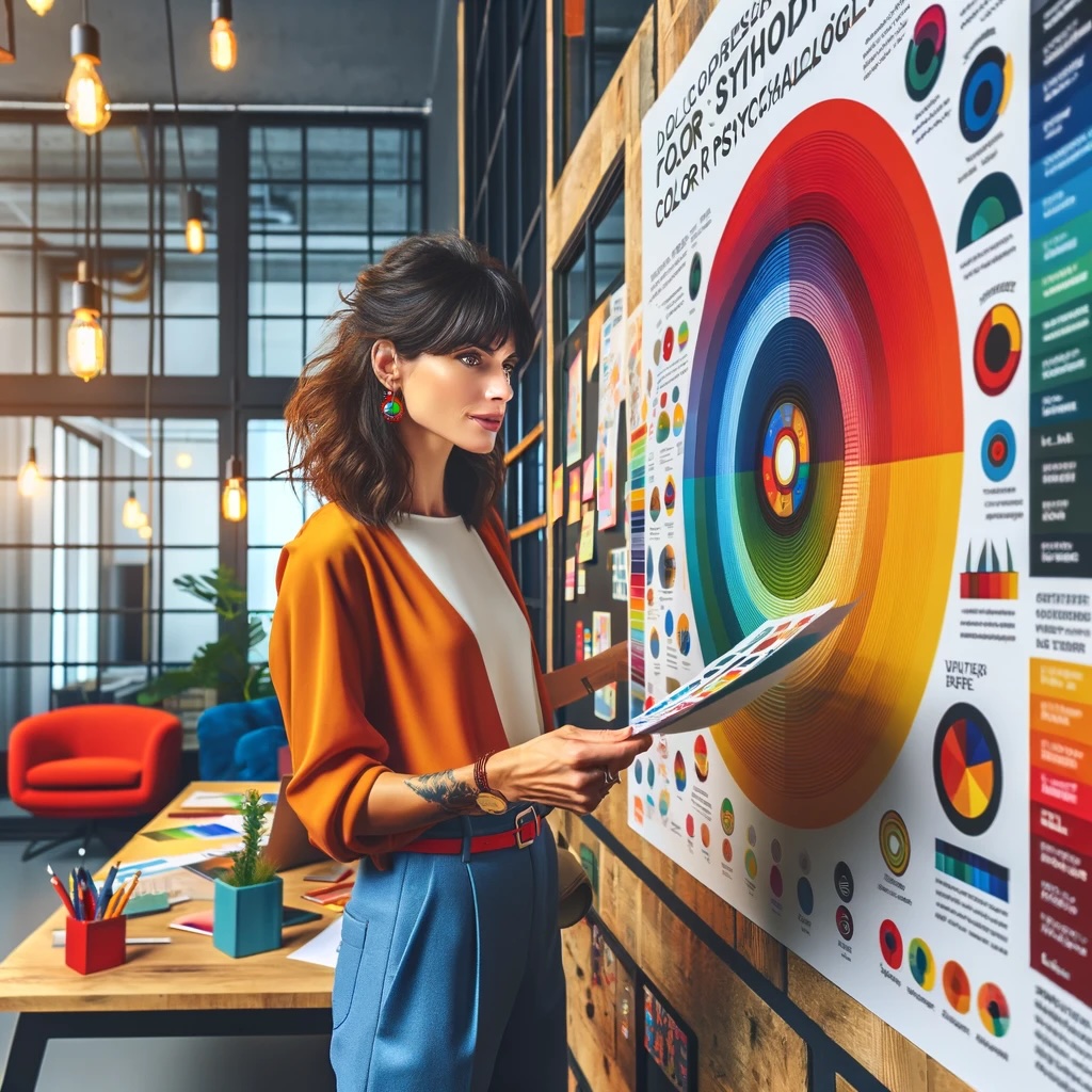 A female entrepreneur studies a colour psychology infographic in her chic office, surrounded by her brand’s signature vibrant colours of reds, blues, and greens.