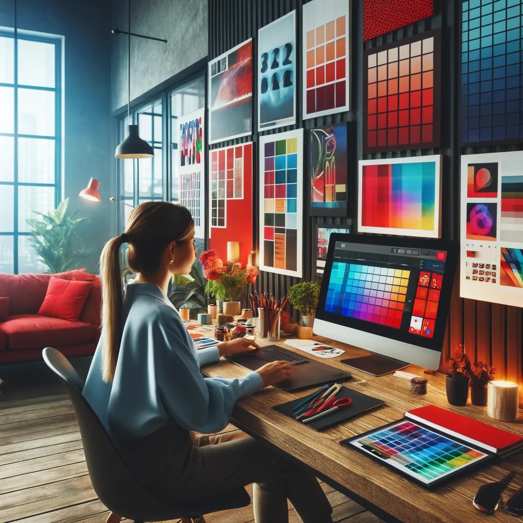 A female entrepreneur examines colour trends in her vibrant, modern office, surrounded by mood boards and digital displays in reds, blues, and greens.