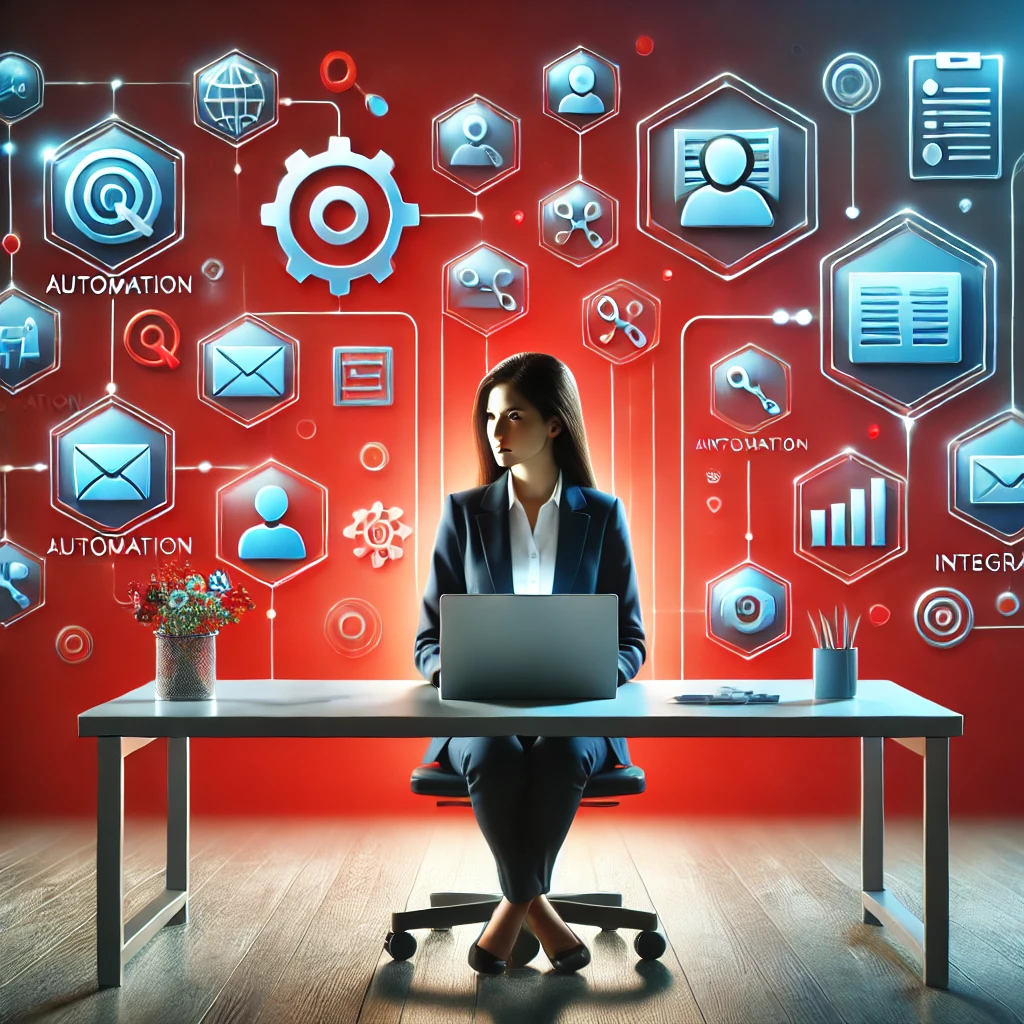 A female solopreneur at an organized desk with a laptop, surrounded by icons of automation gears, user-friendly interfaces, and integration links, representing the simplification of complex technologies.