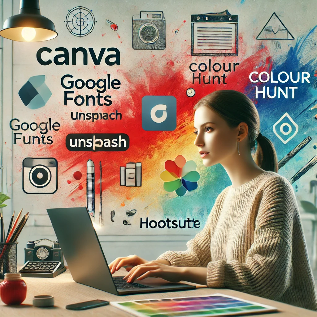 A female solopreneur working on her laptop, surrounded by icons of Canva, Google Fonts, Unsplash, Colour Hunt, and Hootsuite, representing the top free tools for effortless branding.