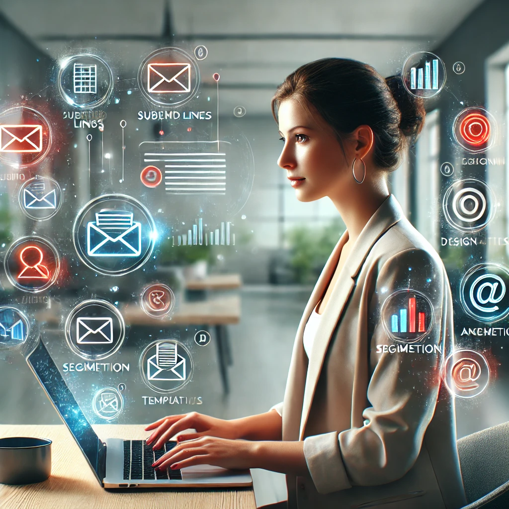  A female solopreneur working on her laptop, surrounded by icons of email marketing elements like subject lines, design templates, segmentation, and analytics, representing the creation of engaging email campaigns.