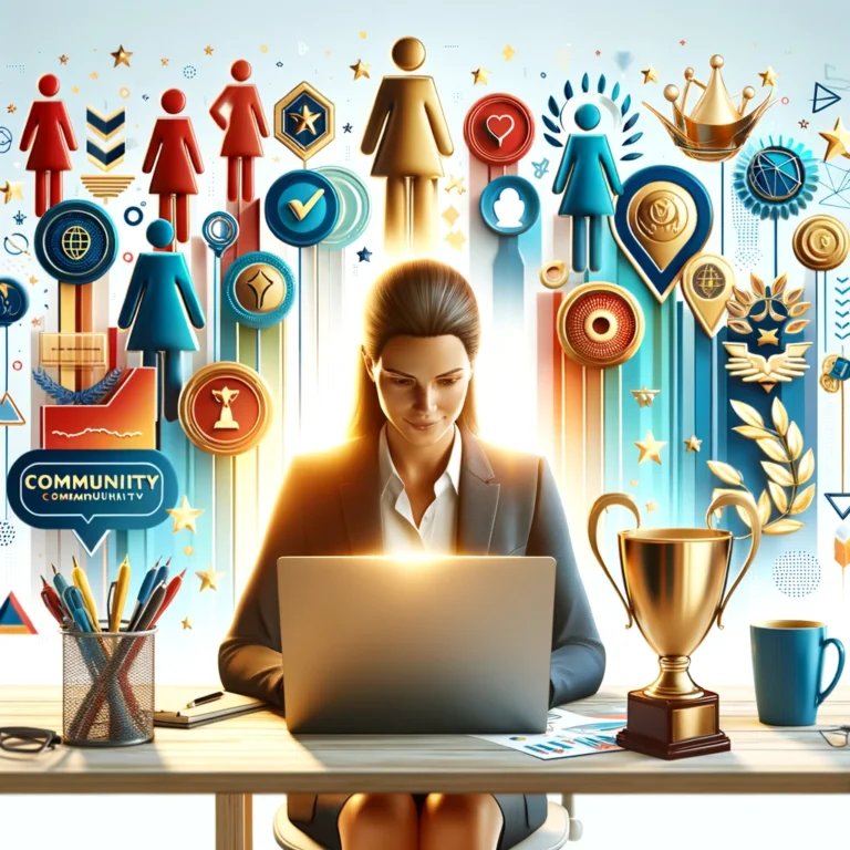 A confident female solopreneur working at her desk, surrounded by symbols of success and support like trophies, positive affirmations, and community icons, representing overcoming imposter syndrome and building confidence.