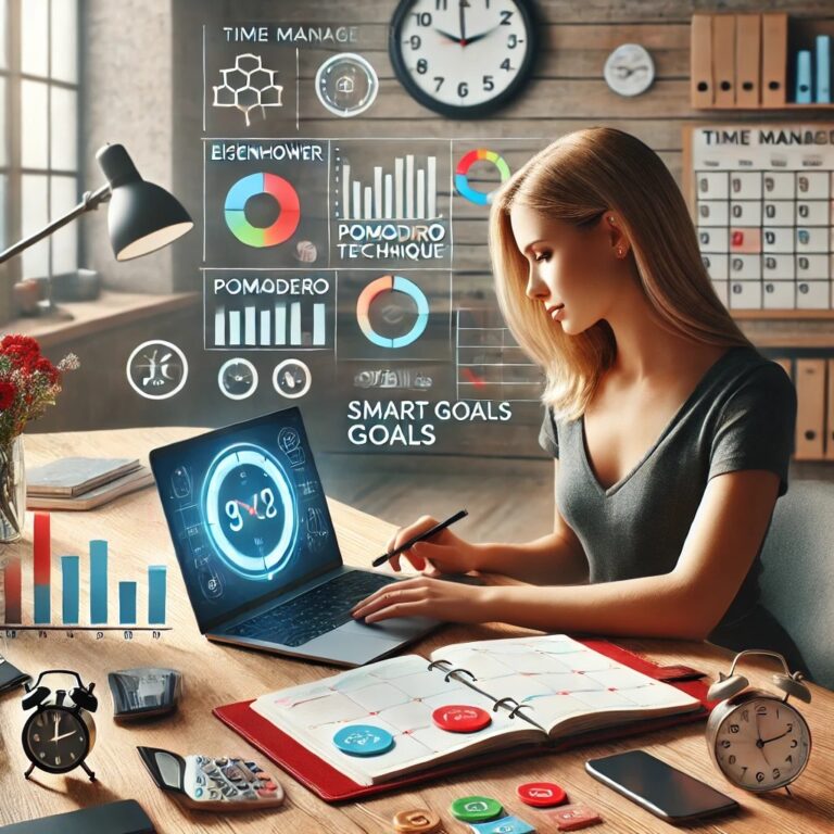 A female solopreneur working at an organized desk, surrounded by icons representing time management techniques like the Eisenhower Matrix, Pomodoro Technique, and SMART goals, symbolizing efficiency and productivity.