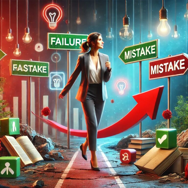 A female solopreneur confidently navigating through symbolic setbacks, represented by obstacles and signs with words like "Failure" and "Mistake," surrounded by icons of learning and growth, such as books, light bulbs, and upward arrows, symbolizing resilience and optimism.