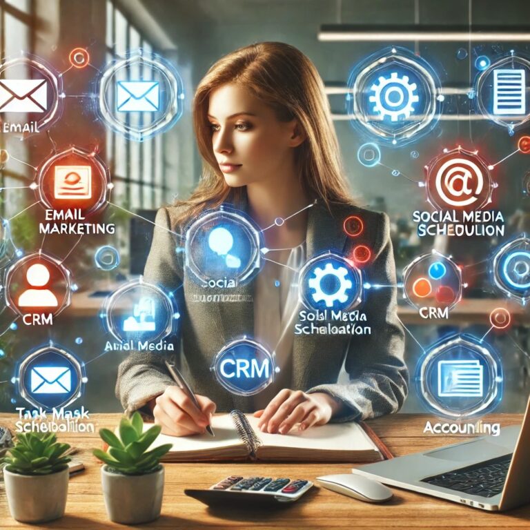 A female solopreneur working at a desk surrounded by icons representing automation tools for email marketing, social media scheduling, CRM, task management, and accounting, symbolizing enhanced productivity and efficiency.