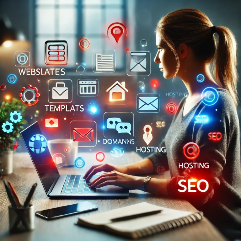 A female solopreneur working on her laptop, surrounded by icons representing website building elements like templates, domain names, hosting, and SEO, symbolizing the process of building a professional website on a budget.