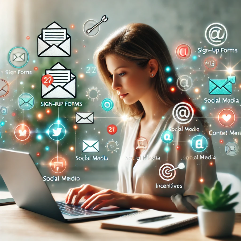 A female solopreneur at her desk, surrounded by icons representing email marketing elements like sign-up forms, social media, content creation, and incentives, symbolizing strategies to grow an email subscriber list.