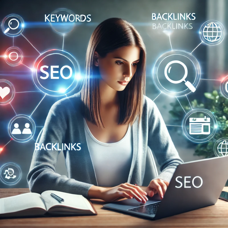 A female solopreneur working on her laptop, surrounded by icons representing SEO elements like keywords, backlinks, analytics, and mobile-friendliness, symbolizing the process of harnessing the power of SEO.