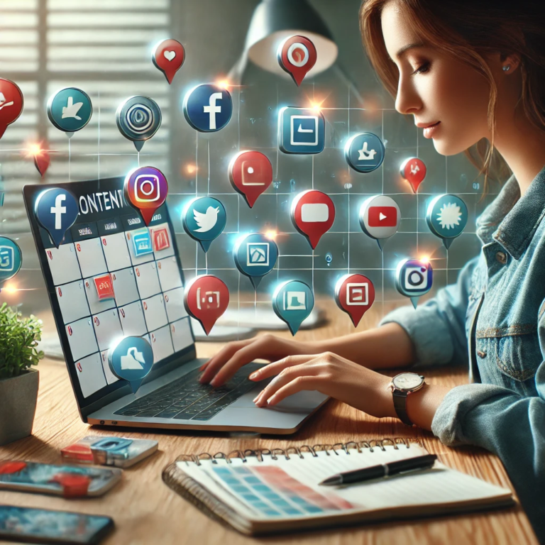 A female solopreneur working at a desk with a content calendar on her laptop screen, surrounded by icons representing social media platforms, content types, and planning tools, symbolizing the process of creating a content calendar for social media planning.