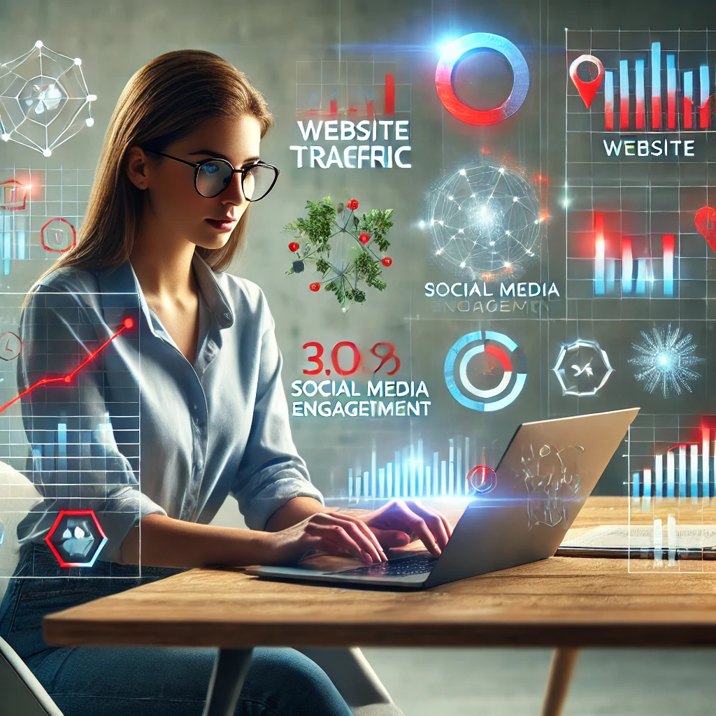 A female solopreneur analyzing data on her laptop, surrounded by charts and graphs representing key metrics like website traffic, social media engagement, and sales performance, symbolizing the use of analytics to drive business growth.