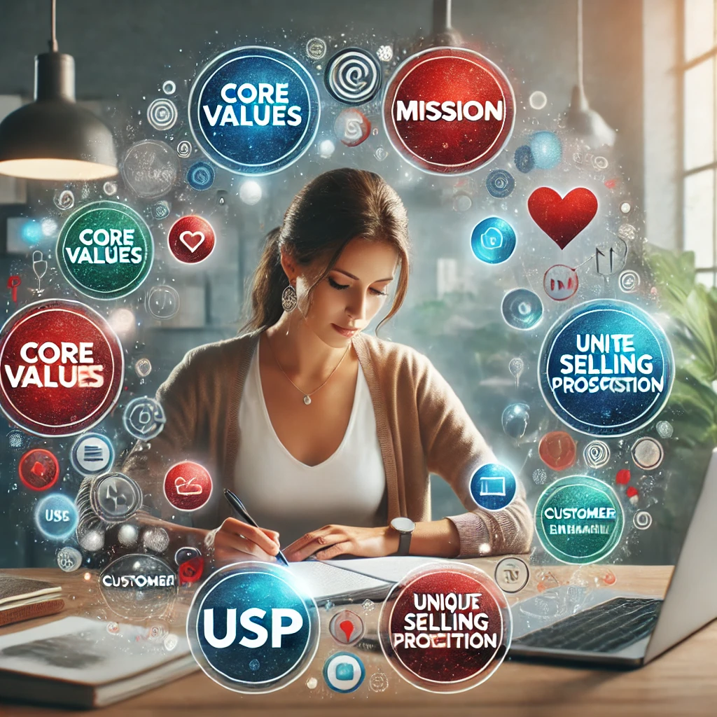 A female solopreneur at a desk, writing or brainstorming her brand story, surrounded by icons representing core values, mission, unique selling proposition, and customer engagement, symbolizing the process of crafting a unique brand story.