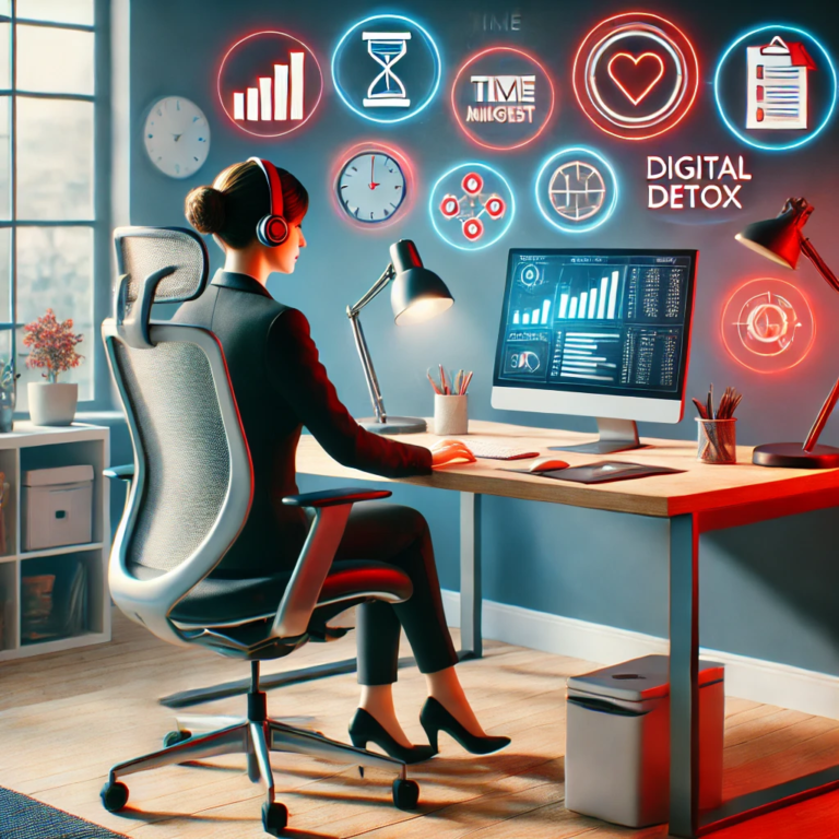 A female solopreneur working at a well-organized home office desk, surrounded by elements like a task list, ergonomic chair, and computer, with icons representing time management, digital detox, and virtual meetings, symbolizing productivity and balance in a work-from-home environment.