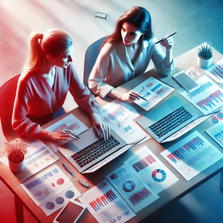 Two female solopreneurs collaborating at a desk, surrounded by laptops, shared documents, and brainstorming notes, symbolizing the process of building mutually beneficial relationships and enhancing business growth through collaboration.