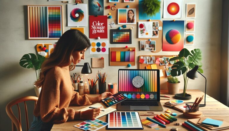 Female solopreneur reviewing colourful branding materials on a tablet in a creative workspace, surrounded by colour swatches, a mood board, and a laptop displaying a vibrant logo.