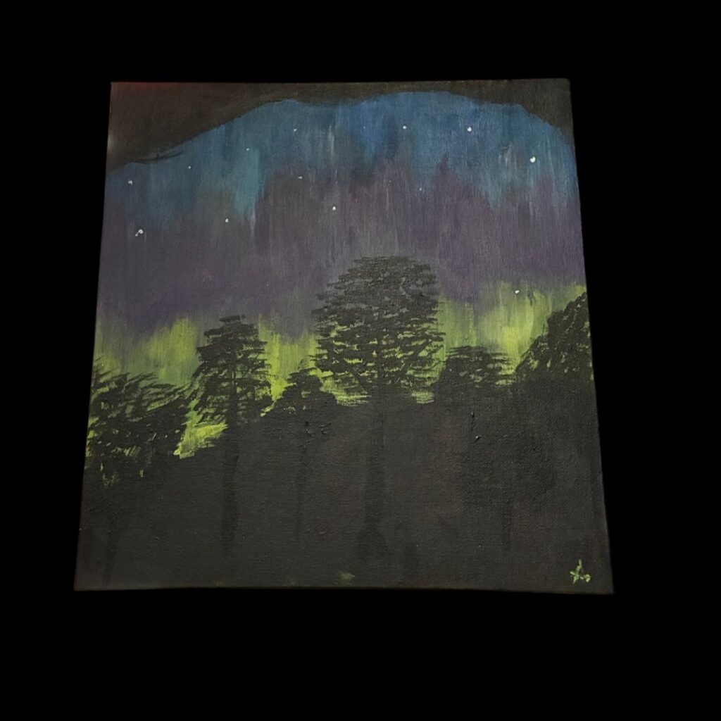 Early Aurora Project painting exploring the colours of the Aurora Australis