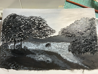 Monochromatic landscape painting study exploring tone and contrast
