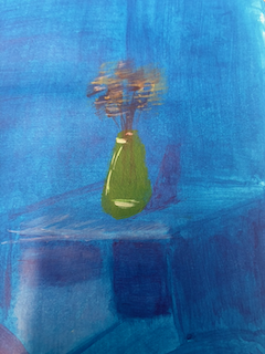 Experimental still life painting featuring a green vase against a blue background