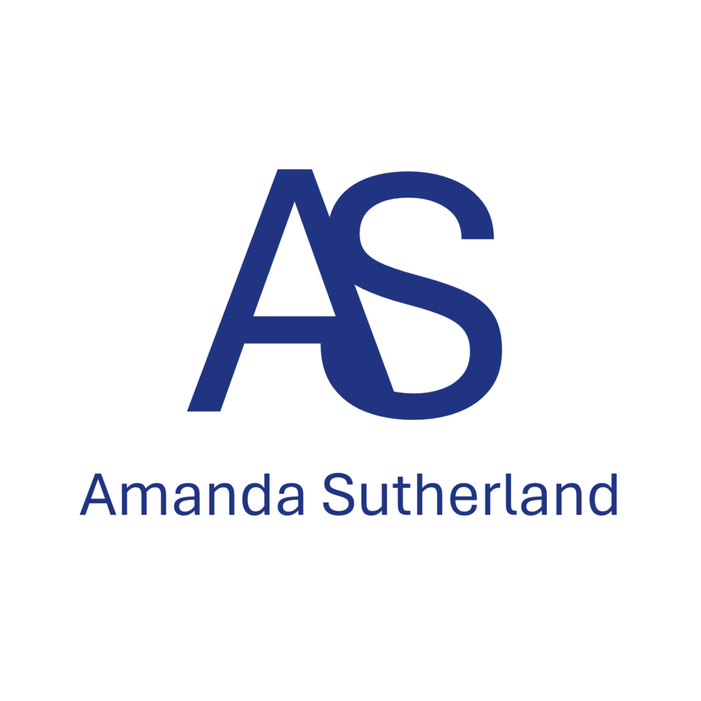 Amanda Sutherland logo featuring a navy blue AS monogram and the artist’s full name.