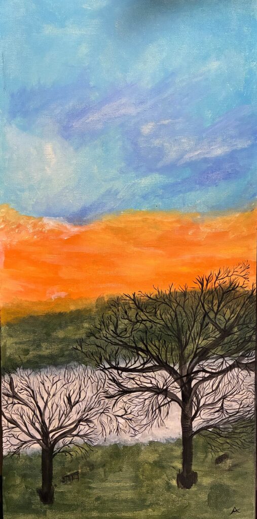 Sunrise Fog acrylic painting by Amanda Sutherland, showing an orange sunrise over green Tasmanian hills with fog settling above a creek.